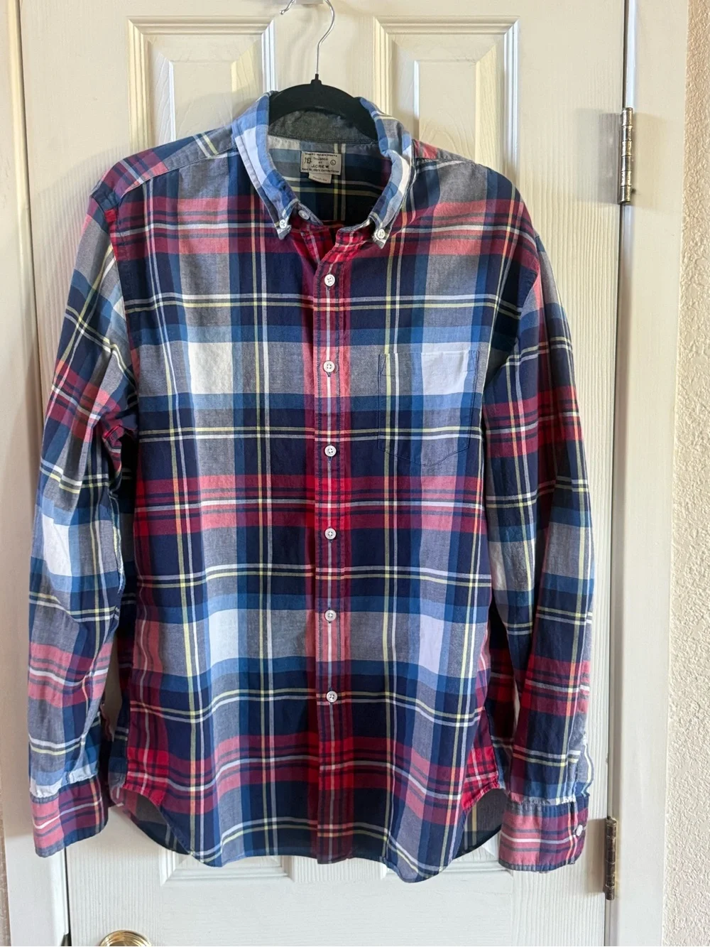 J Crew Men's Red and Blue Plaid Button-Down Shirt 100% Cotton Sz L